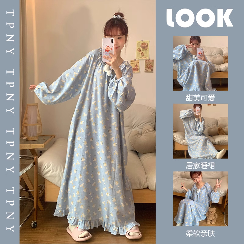 春秋季纯棉长袖睡裙女