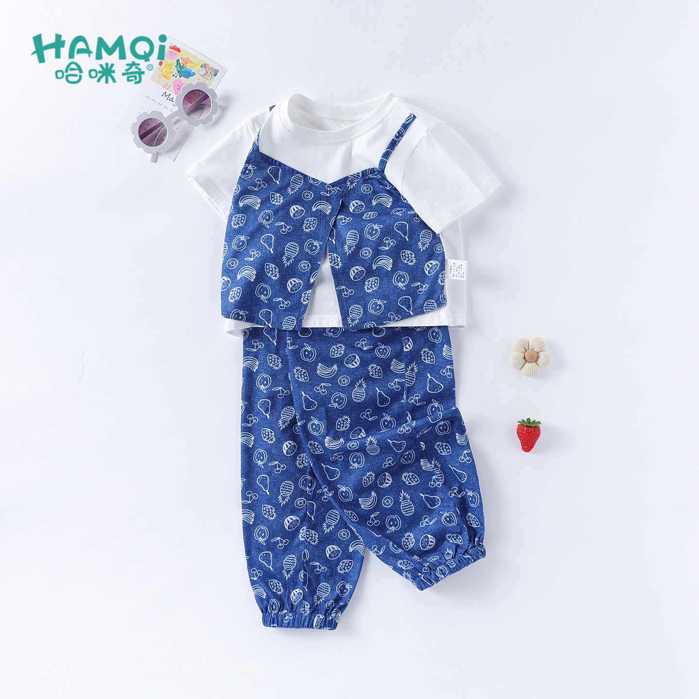 女童短袖套装夏季衣服小儿童卡通印花两件套宝宝假两件上衣配裤子