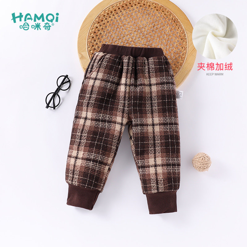 男童夹棉加绒裤子秋冬装新款宝宝儿童格子加厚长裤休闲裤小童棉裤