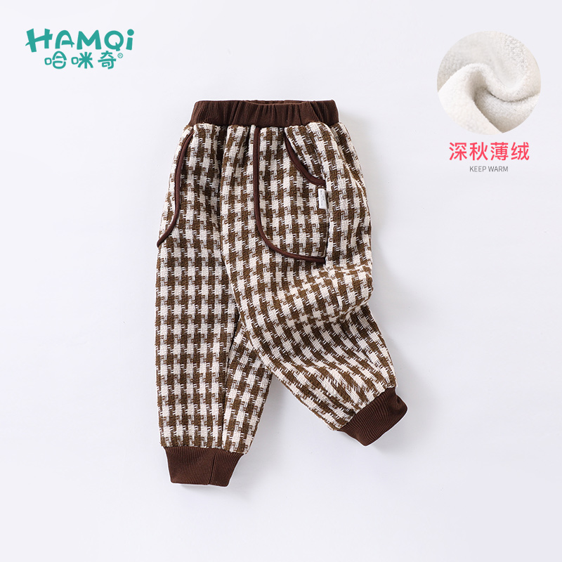 男童秋冬一体绒保暖休闲格子裤