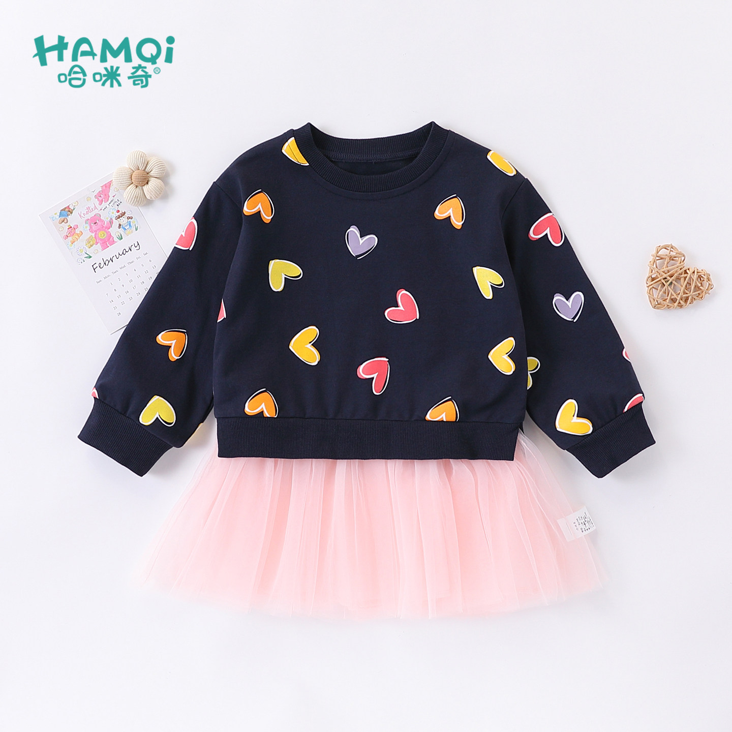 女童连衣裙春秋装新款小儿童甜美心形卫衣拼接网纱裙子宝宝公主裙