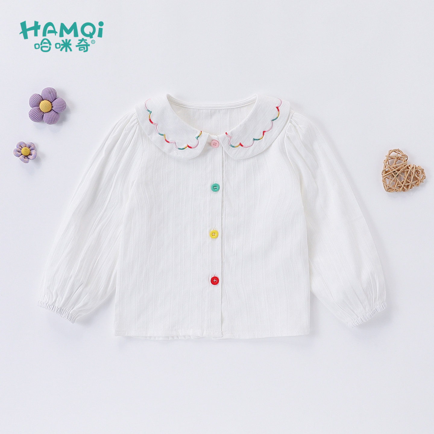 女童衬衫春秋装小儿童洋气白色长袖衬衣配彩色纽扣宝宝上衣打底衫