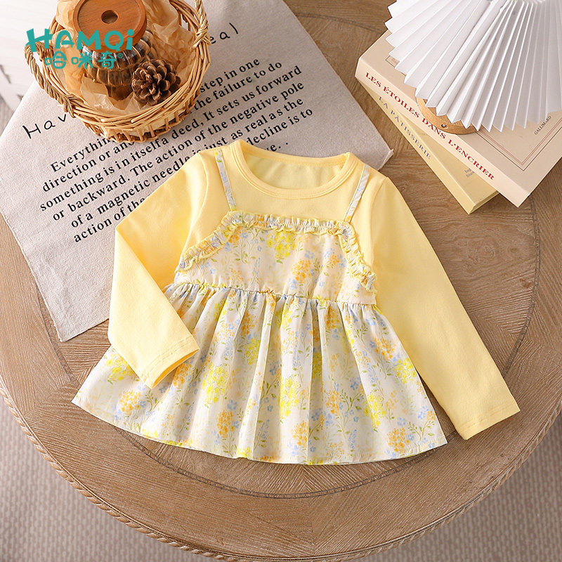 童装女童长袖T恤春季新款小儿童洋气碎花假两件上衣宝宝拼接衣服