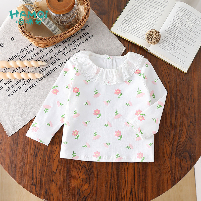 女童童装长袖T恤春装小儿童洋气印花打底衫宝宝新款蕾丝花边上衣