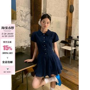 宋正恩polo领学院风泡泡袖 小个子收腰气质短裙子 衬衫 连衣裙女夏季