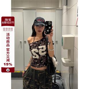 T恤女甜辣休閑修身 F383 2025美式 復(fù)古辣妹迷彩短款 顯瘦斜肩上衣