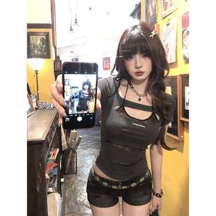 假两件正肩短袖 南理香星野漫步 蕾丝挂脖辣妹T恤女夏收腰显瘦上衣