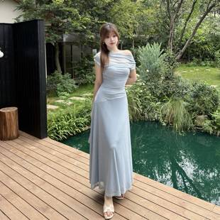 收腰显瘦一字肩条纹连衣裙长裙夏 半夏风铃 温与柔气质南法薄款