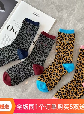 豹纹彩色拼色mm字母提花甜酷少女街头潮流百搭网红纯棉个性中筒袜