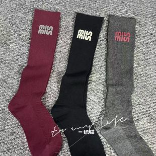 欧货秋季 m字母缪系竖条纹小腿袜女安可拉红显瘦百搭穿搭高筒袜潮