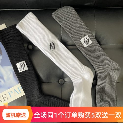 黑白灰字母贴标学院风小腿袜女欧货走秀款简约潮流复古粗针及膝袜