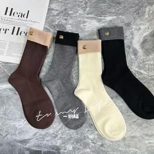 韩版 双针中筒堆堆袜网红潮袜 金属标重工轻奢高级感m翻边袜口时尚