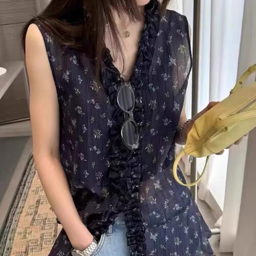 夏季重工花边碎花V领无袖上衣女