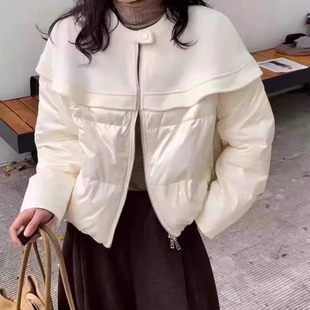 杭州批发爆款2025新款冬季韩系荷叶边羽绒服显瘦保暖拼接呢子外套