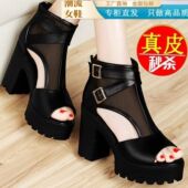 温州凉靴女士夏季 新款 2026年厚底黑色网纱超高跟松糕镂空罗马网靴