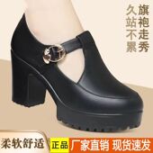 圆头一字扣跳舞软底单鞋 温州旗袍模特走秀高跟鞋 女不累脚粗跟皮鞋