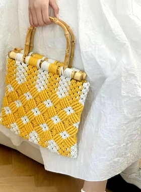小清新ZA新款女包竹子提手黄色手提购物袋手工棉绳编织包花朵包包