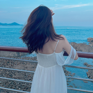 孙艺珍同款度假宴会礼服连衣裙白色仙女长裙海边吊带裙子桑蚕丝