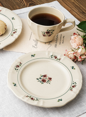 日本进口Studio M法式复古陶瓷蔷薇系列圆盘平盘马克杯咖啡杯碟套