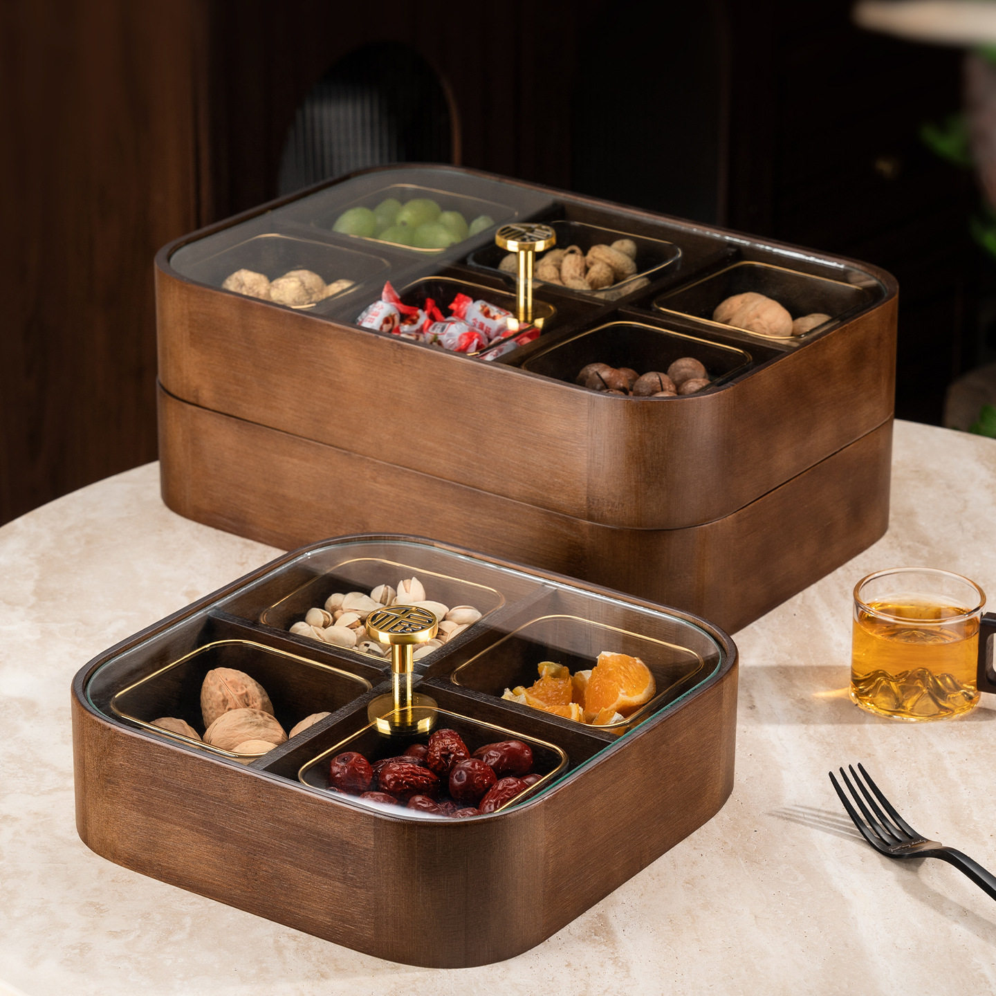 竹木干果盒轻奢带盖分格收纳盒高档坚果零食水果盒订婚摆件喜糖盒