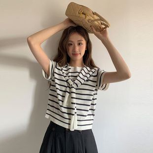 MOXI十三行女装 2025春季 794609 条纹t恤短袖 新款 显瘦两件套针织衫