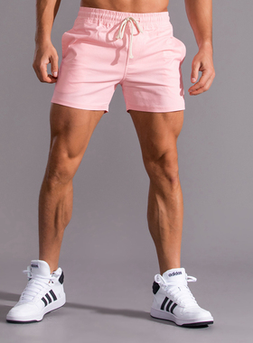 骚气粉色白色三分裤男纯色纯棉休闲短裤青年男士健身跑步3分裤