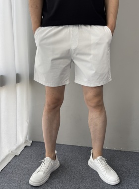 梭织纯棉休闲短裤男士白色四分裤松紧腰带简约百搭纯色4分短裤潮