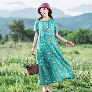夏天度假风休闲宽松沙滩a字长裙女 民族风天丝麻小碎花短袖连衣裙