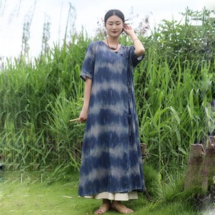 民族风天丝麻蓝染盘扣短袖连衣裙女 文艺复古系带宽松休闲长裙夏