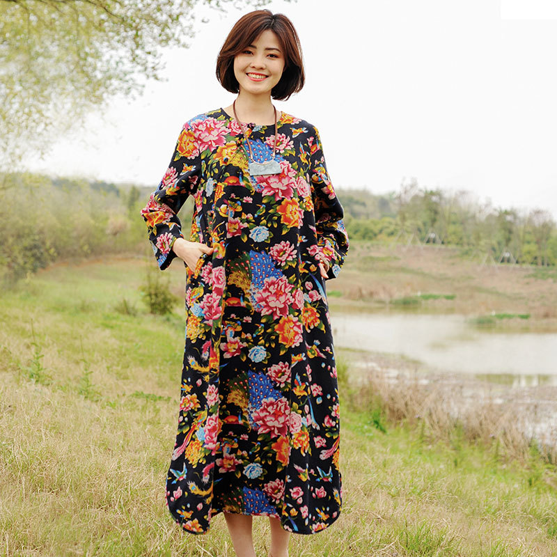 民族风棉麻长袖连衣裙女 春夏季盘扣中长款宽松圆领印花复古裙子