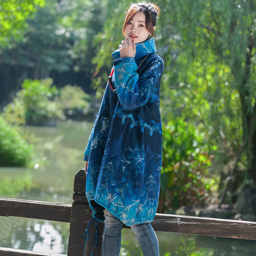 印花复古高领大码中长款棉服女冬