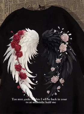 潮牌玫瑰花翅膀印花纯棉短袖t恤