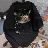 国风水墨小黑猪短袖 上衣ins 潮牌宽松显瘦情侣半袖 t恤2026夏季 新款