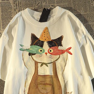 夏季 t恤男女宽松新款 情侣oversize上衣 复古创意猫咪纯棉短袖 美式