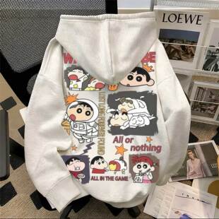 日系蜡笔小新漫画连帽卫衣男女秋宽松慵懒风满印卡通情侣休闲帽衫