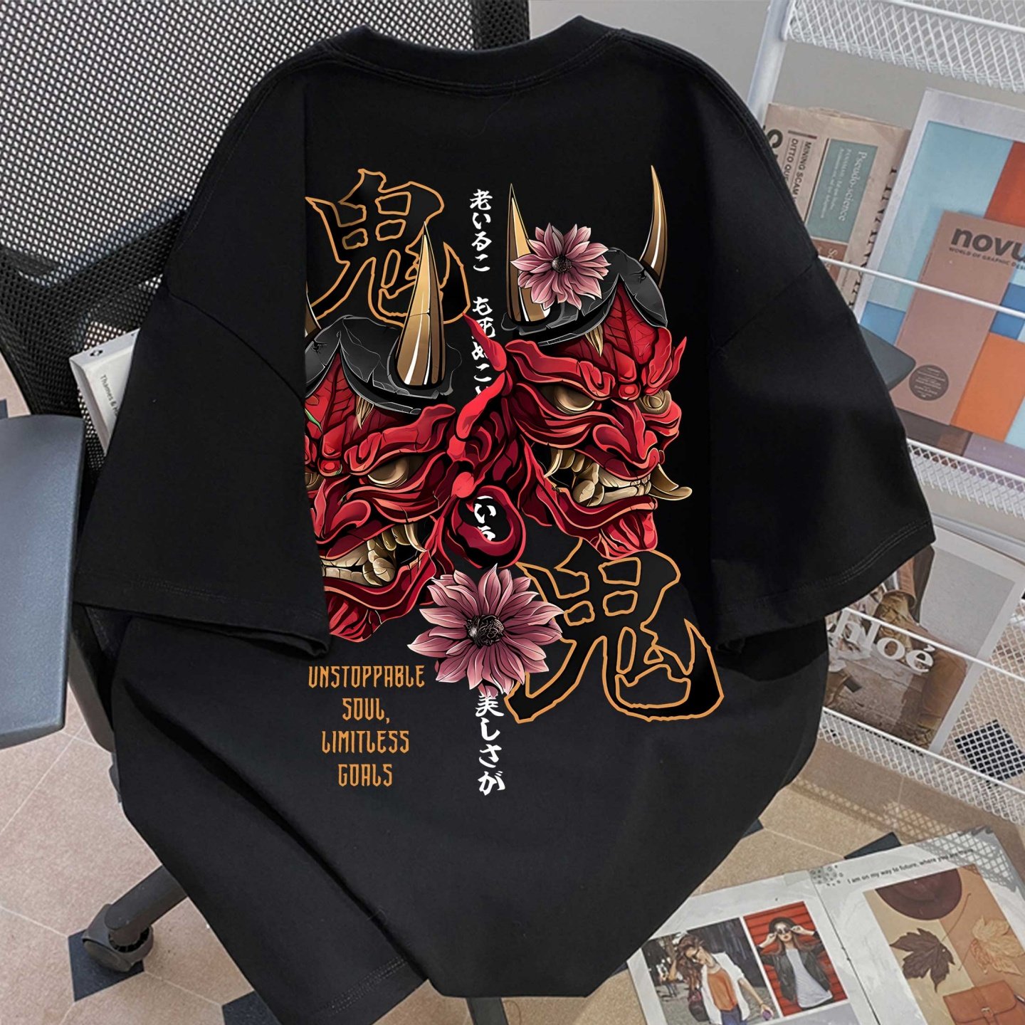 2026新款纯棉潮牌鬼面樱花短袖T恤男暗黑街头风宽松百搭情侣上衣