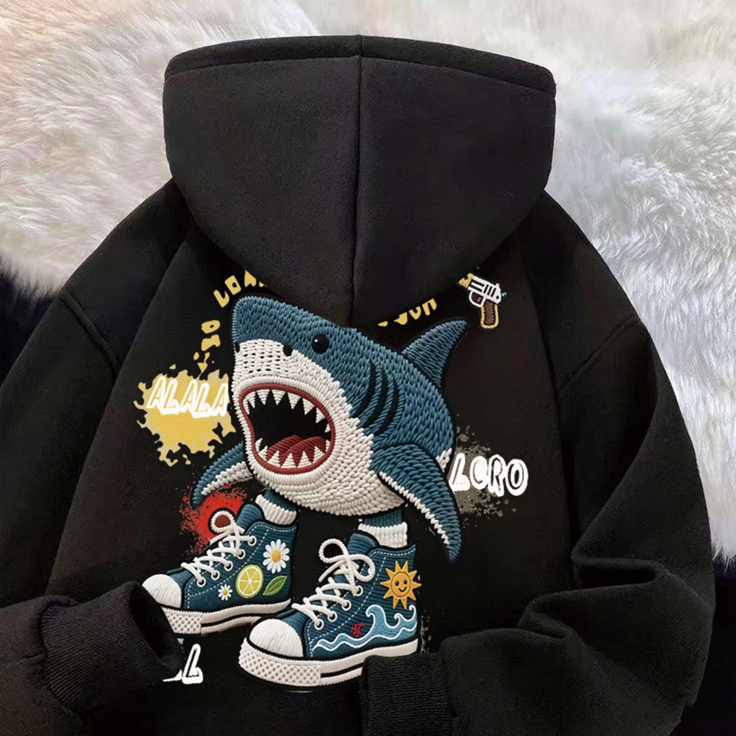 潮牌鲨鱼鞋印花新款加绒连帽卫衣