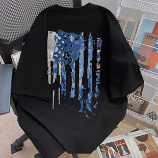 美式复古做旧美国国旗印花短袖T恤高街潮牌宽松oversize半袖上衣