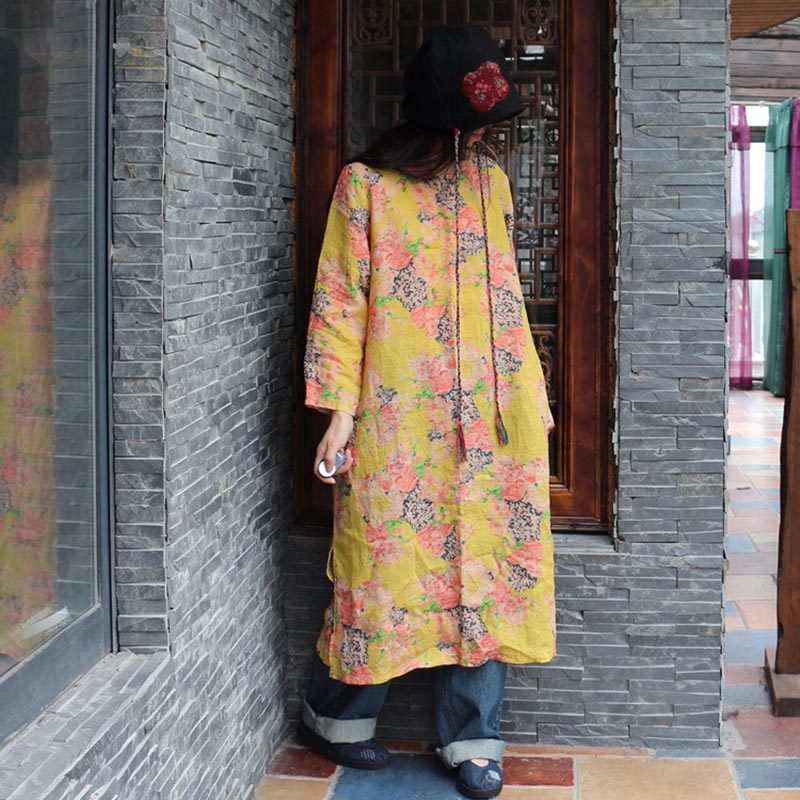 苎麻长袖连衣裙女 春夏季过膝印花中长裙宽松复古小个子亚麻裙子