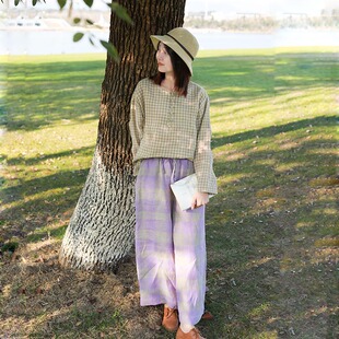 文艺高端亚麻格子小阔腿裤女 春夏季松紧腰系带宽松休闲裤长裤子