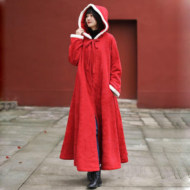 2024冬季提花棉麻连帽斗篷式棉服女 民族风宽松长款加绒外套大衣