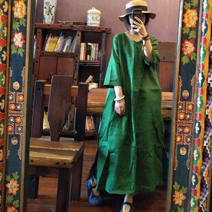 圆领休闲中长裙宽松纯色套头袍子 春夏季 复古亚麻七分袖 连衣裙女