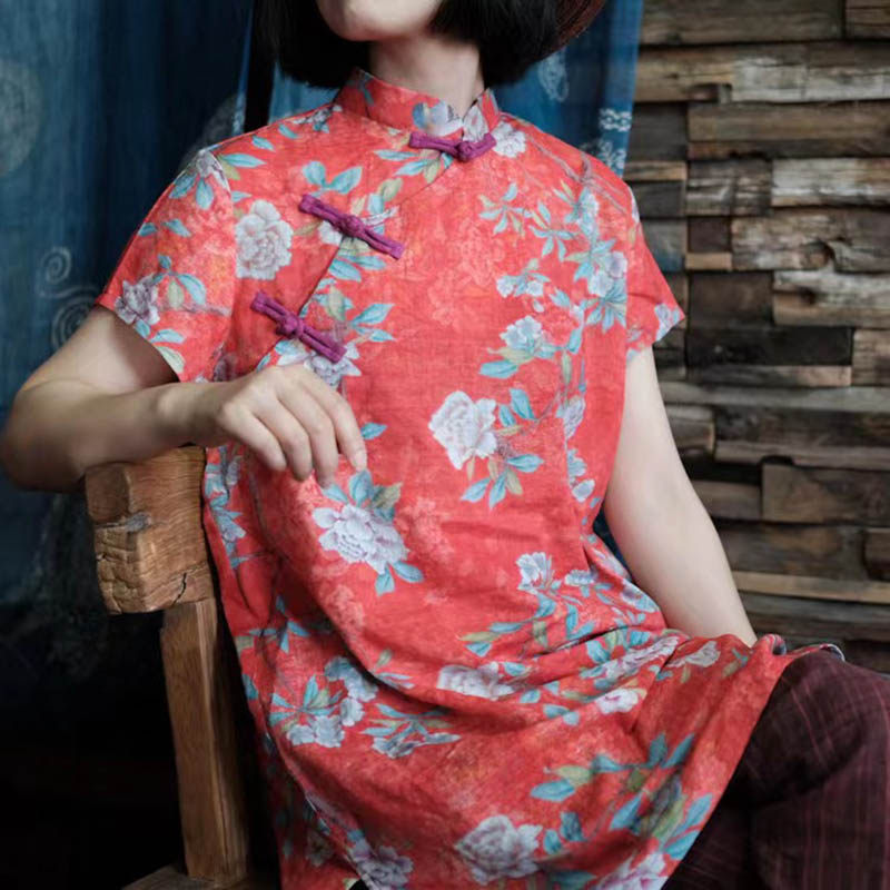 民国风纯棉印花短袖衬衫女夏中式