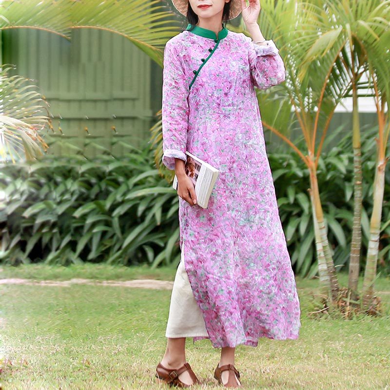 复古日常旗袍裙印花长袖连衣裙女 春夏宽松苎麻拼接轻薄中式长裙
