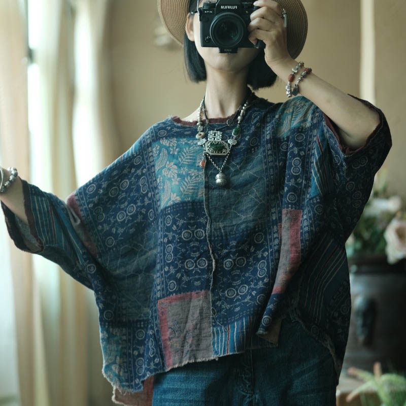 青花纯棉怀旧宽松T恤套衫女夏秋