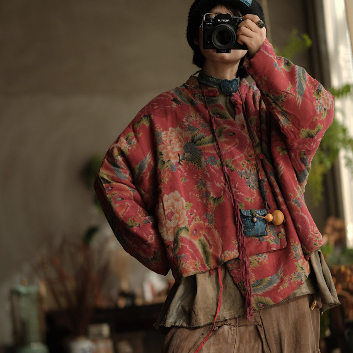纯棉印花不规则短款小棉衣女秋冬