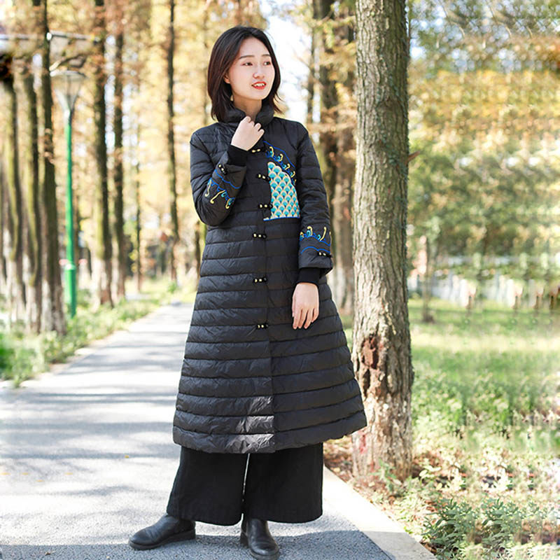 文艺刺绣宽松纯色羽绒服女 立领长款冬装白鹅绒超厚超轻棉服外套