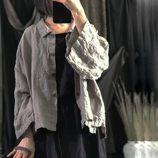 手工缝线长袖 女 翻领复古宽松休闲上衣短外套秋 开衫 原创亚麻衬衫