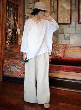 文艺苎麻白色七分袖衬衫女 夏季轻薄圆领斜襟系带宽松版复古上衣