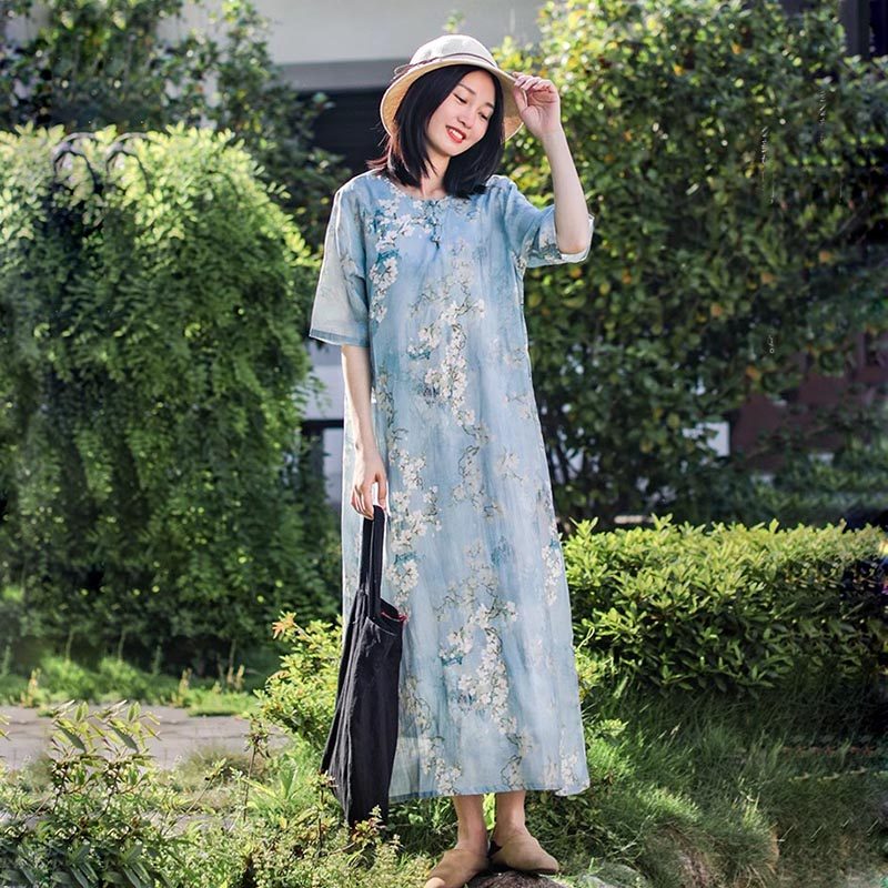 文艺棉麻印花半袖连衣裙女夏宽松
